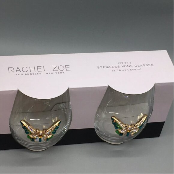 4 Rachel Zoe Rhinestone Teal Gold Butterfly Stemless Wine Glass Set Jewel Summer - Picture 8 of 8